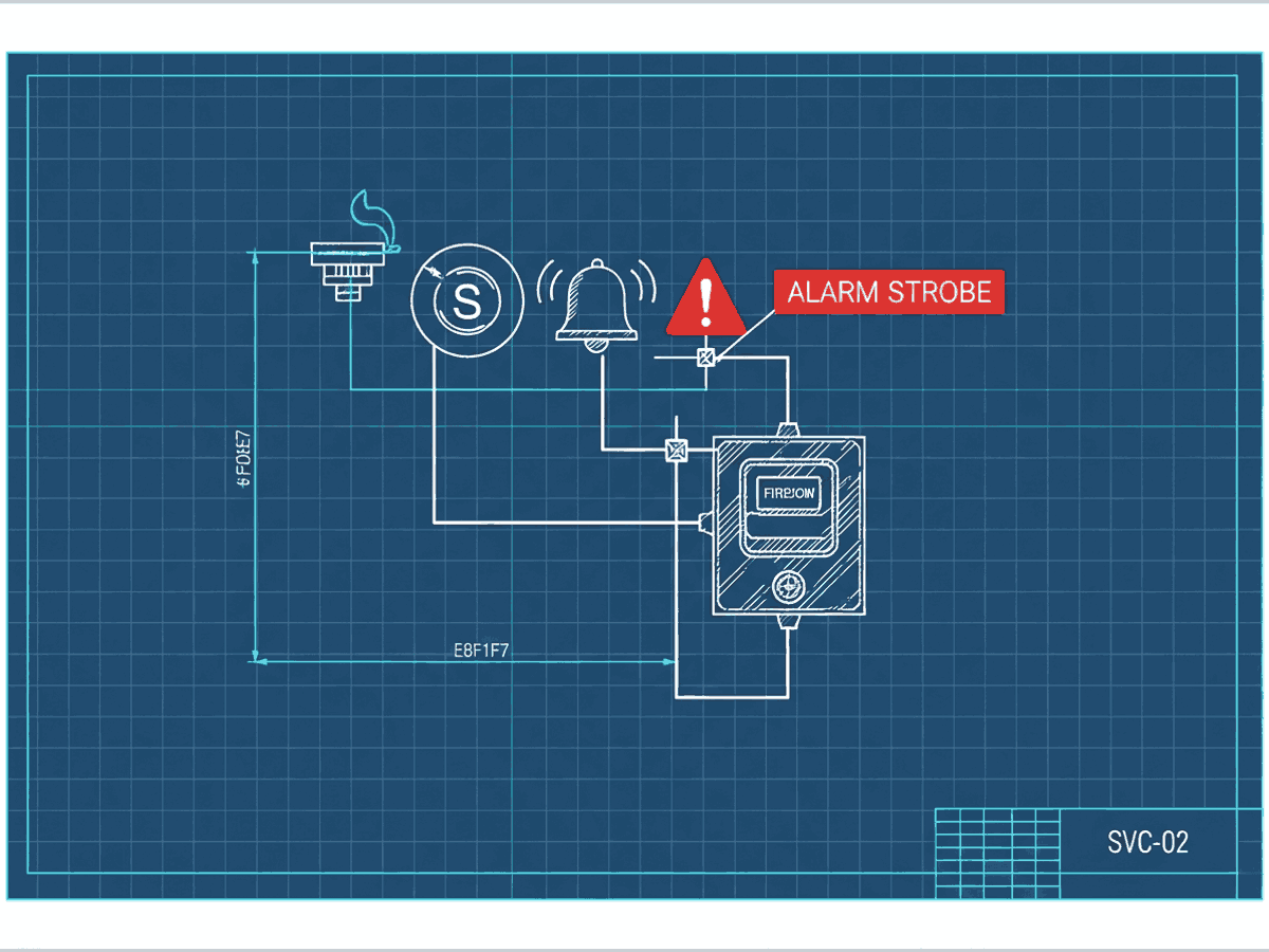 Blueprint drawing: fire detection and alarm system layout