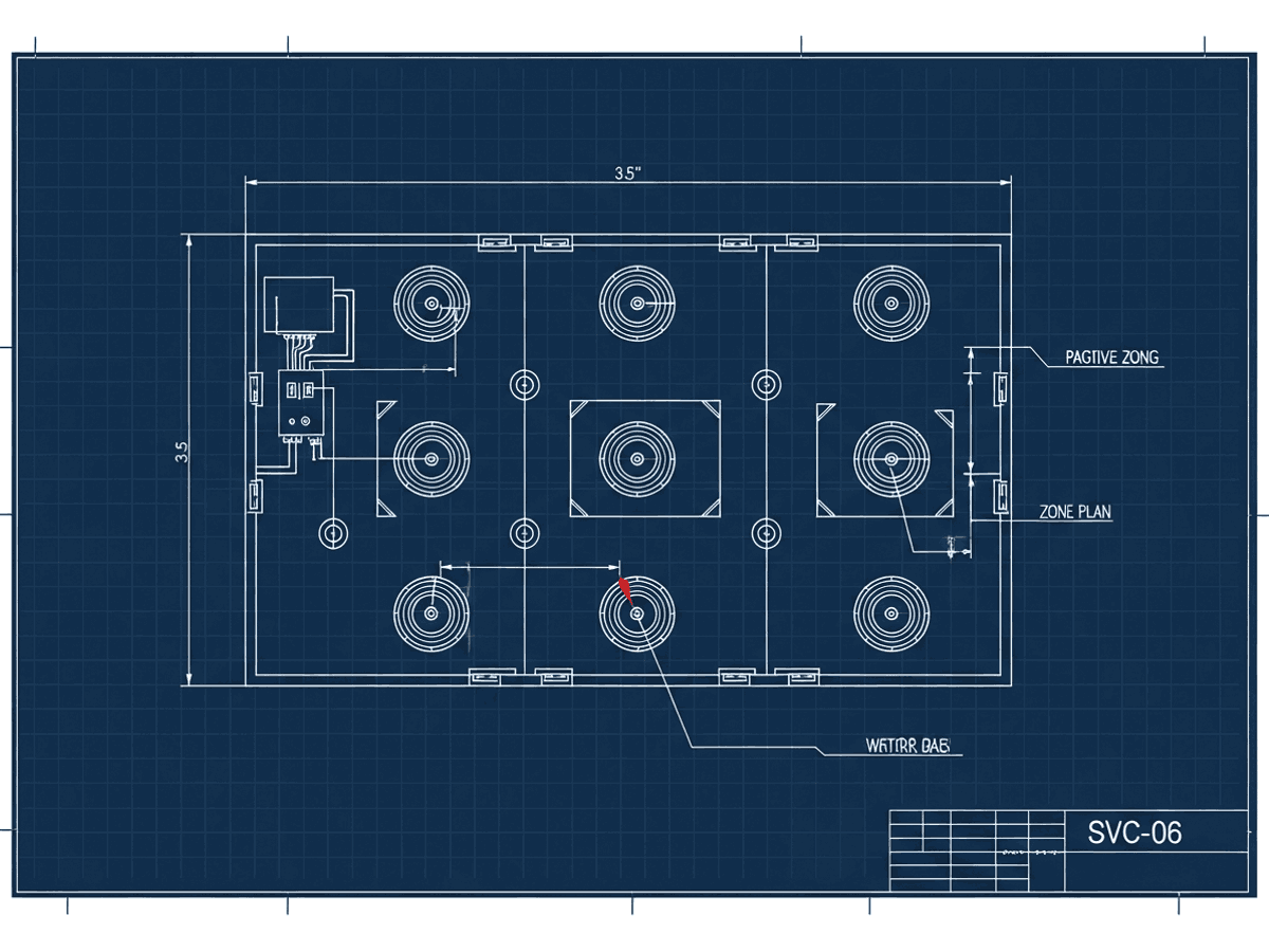 Blueprint drawing: background music and paging speaker layout